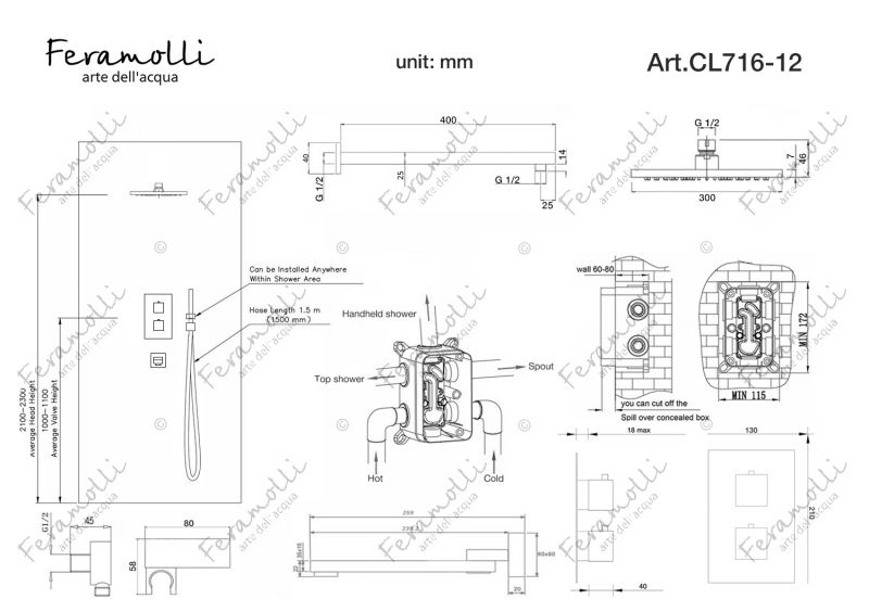 Душевой комплект с термостатом Feramolli Termostato CL716-12 (30см.), хром фото 5