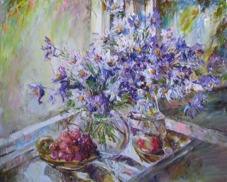 Картина "Подснежники и виноград на окне" Светлана Круглова