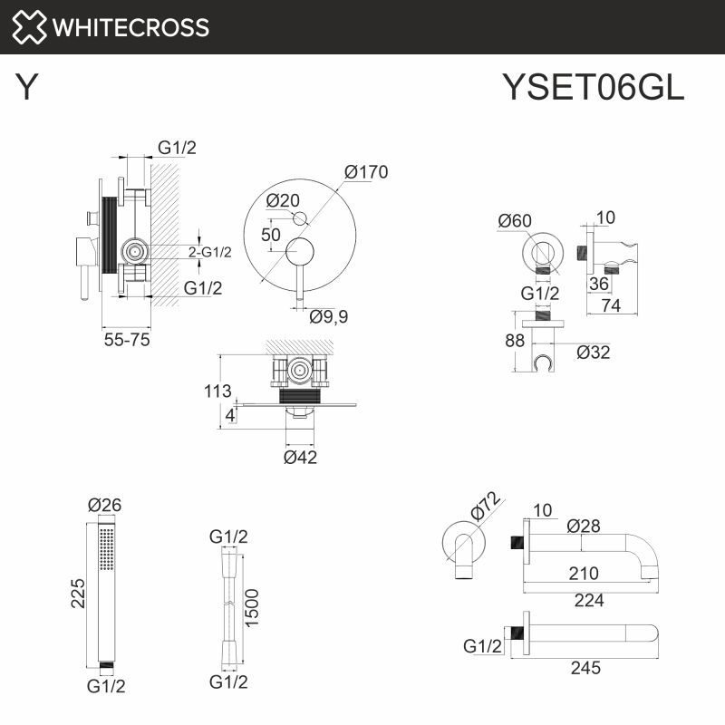 Система для ванны скрытого монтажа WHITECROSS Y YSET06GL, золото