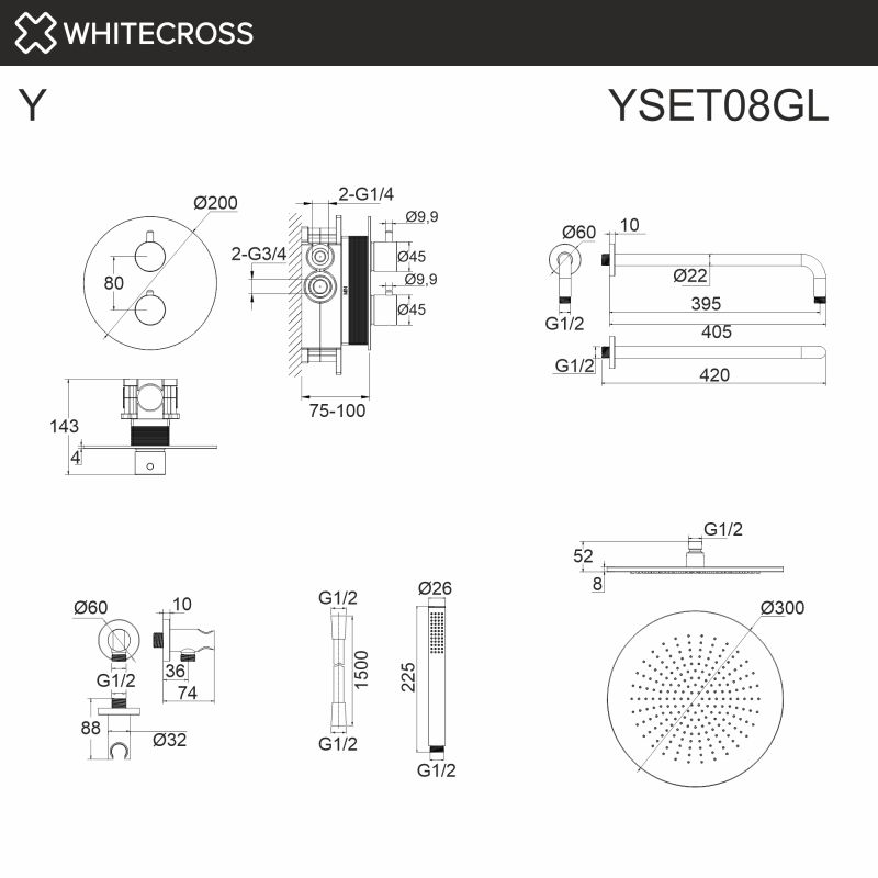 Термостатическая душевая система скрытого монтажа WHITECROSS Y YSET08GL, золото