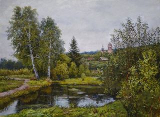 Картина "Пруд на окраине села" Панов Эдуард Парфирьевич