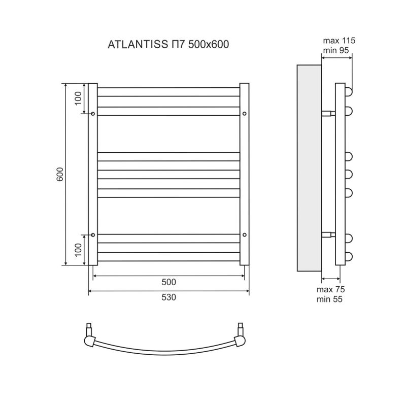 Полотенцесушитель электрический Lemark Atlantiss П7 LM32607REBL 500x600, левый/правый, черный фото 2