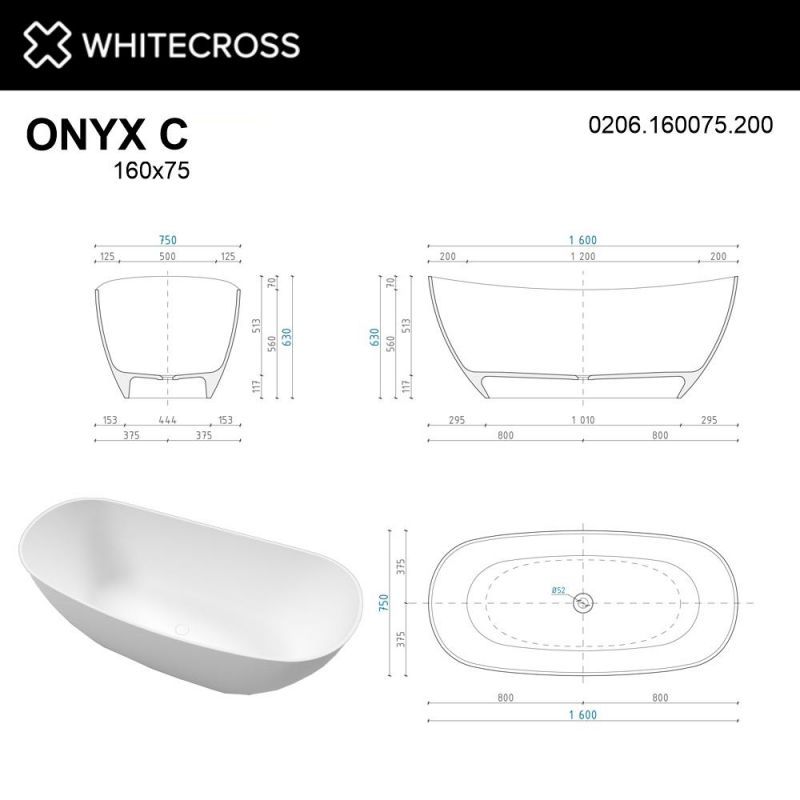 Ванна из искусственного камня WHITECROSS 0206.160075.200 Onyx C 160x75 белый матовый