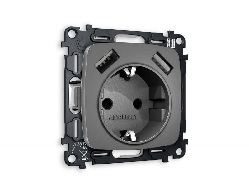 Комплект механизма электрической розетки Ambrella Volt OMEGA Антрацит серый 2USB A+A 18W быстрая зарядка с заземлением и шторками 2P+E 16A-250V QUANT MO659010 фото 1