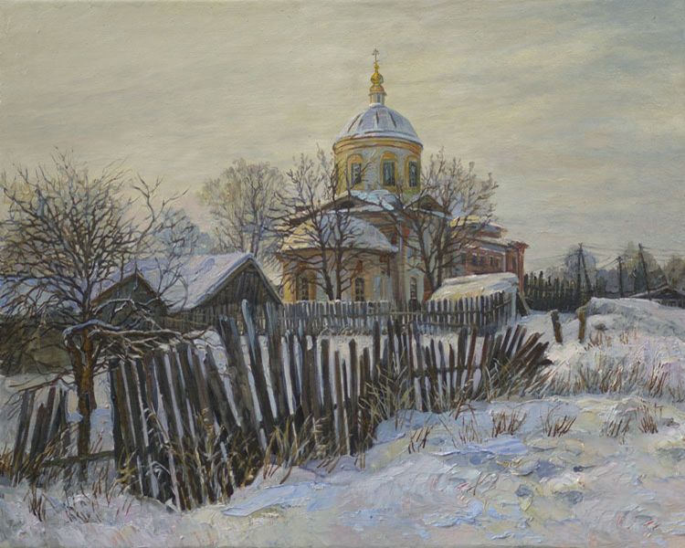 Картина "Сибирская деревня" 50x45 Панов Эдуард Парфирьевич