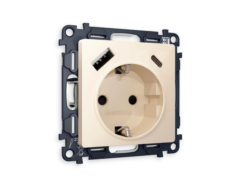 Комплект механизма электрической розетки Ambrella Volt ALFA Бежевый глянец 2USB A+C 20W (быстрая зарядка) с/з (AP3100, VM160) MA310010 фото 1