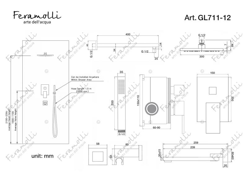 Душевой комплект Feramolli Cubo GL711-12 (30см.), золото