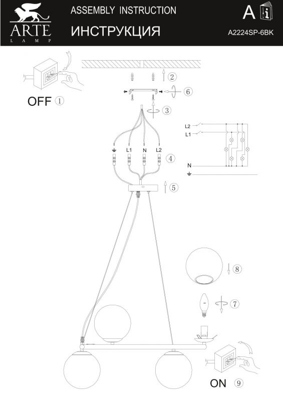 Подвесная люстра Arte Lamp ALCOR A2224SP-6BK