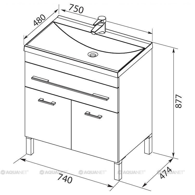 Тумба с раковиной Aquanet Верона NEW 75 белый (напольная 1 ящик 2 дверцы) 00213031