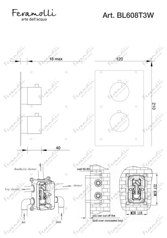 Термостатический смеситель скрытого монтажа на 3 потока Feramolli Termostato BL608T3W, черный фото 2
