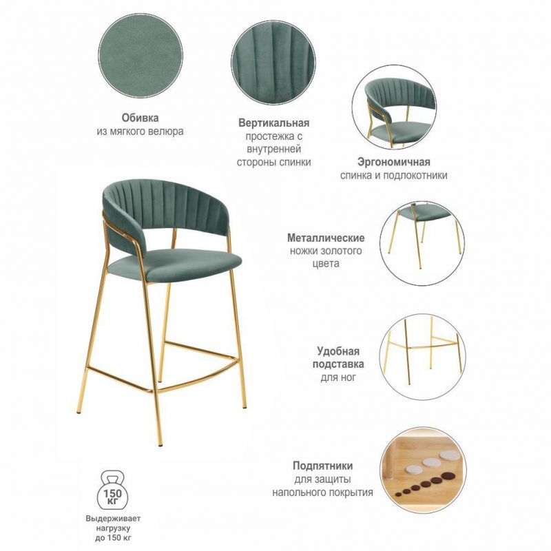 Комплект из 2-х стульев полубарных BRADEX Home Turin мятный с золотыми ножками BD-3072967 фото 3