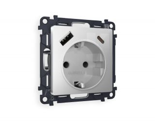 Комплект механизма электрической розетки Ambrella Volt ALFA Серебро глянец 2USB A+C 20W (быстрая зарядка) с/з (AP4100, VM160) MA410010