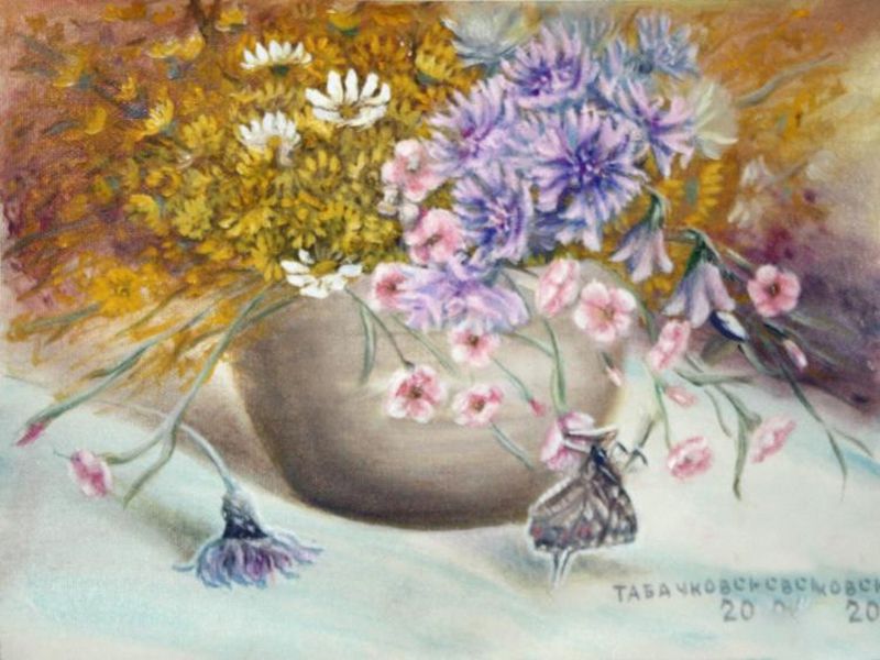 Картина "Полевые цветы с бабочкой" Галина Кудряшова-Табачковская